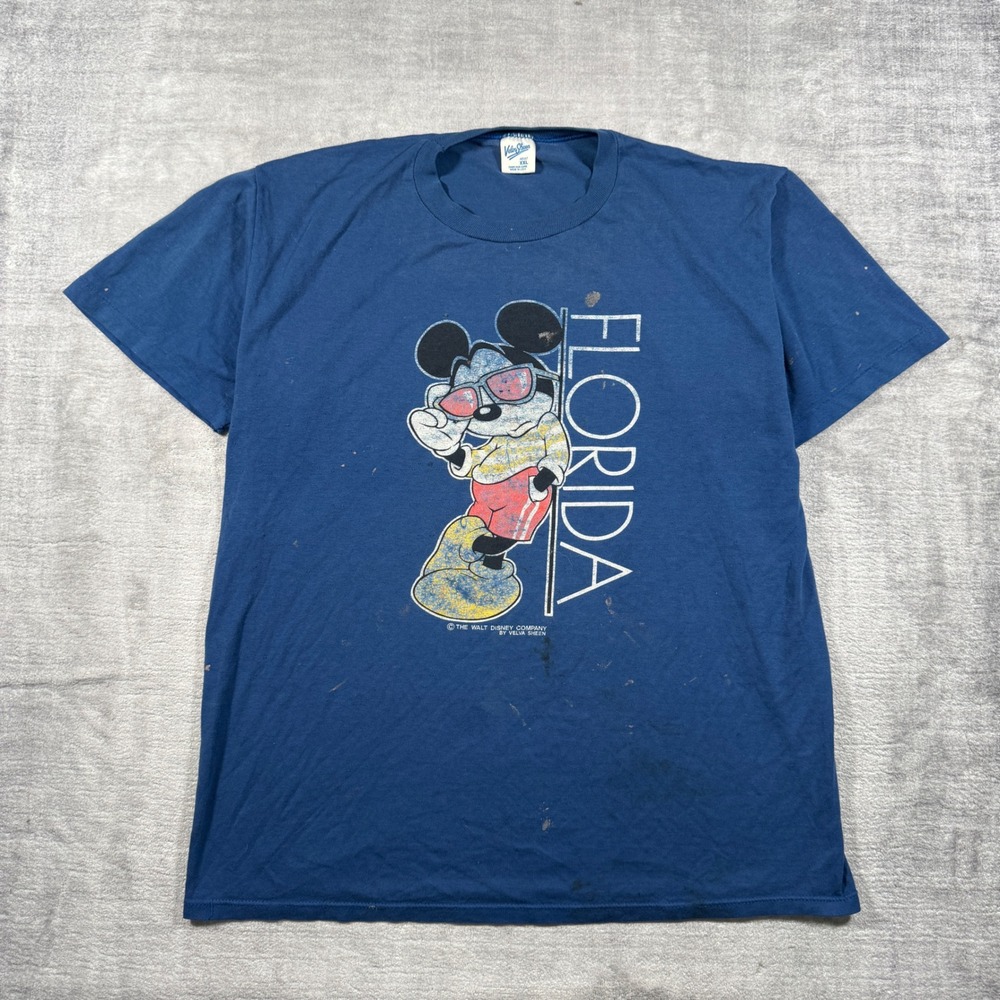 Mickey Mouse Shirt Mens 2XL Blue Florida Vintage 80s Distressed Velva Sheen